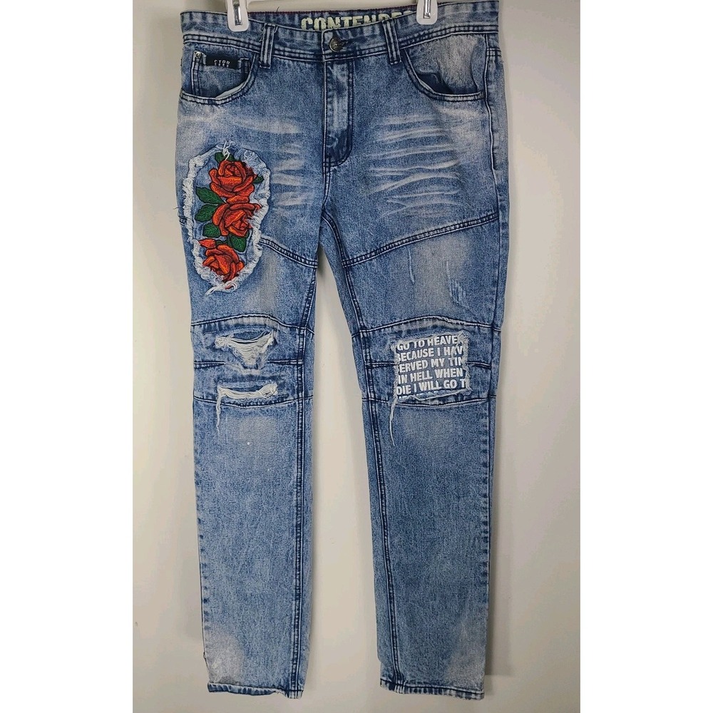 Contender Jeans Men's 34x34 Blue Distressed Embroidered Rose Patch Denim EUC